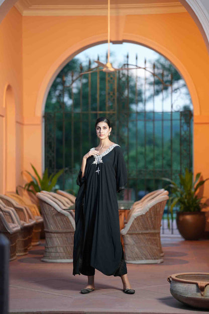 Black kaftan with golden embroidered neckline