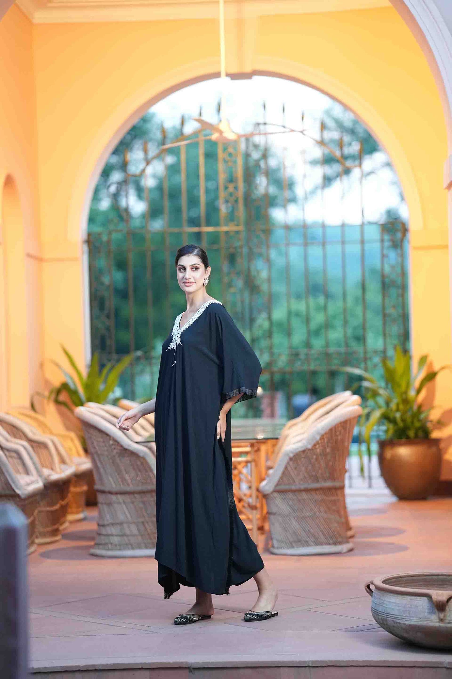 Black kaftan with golden embroidered neckline