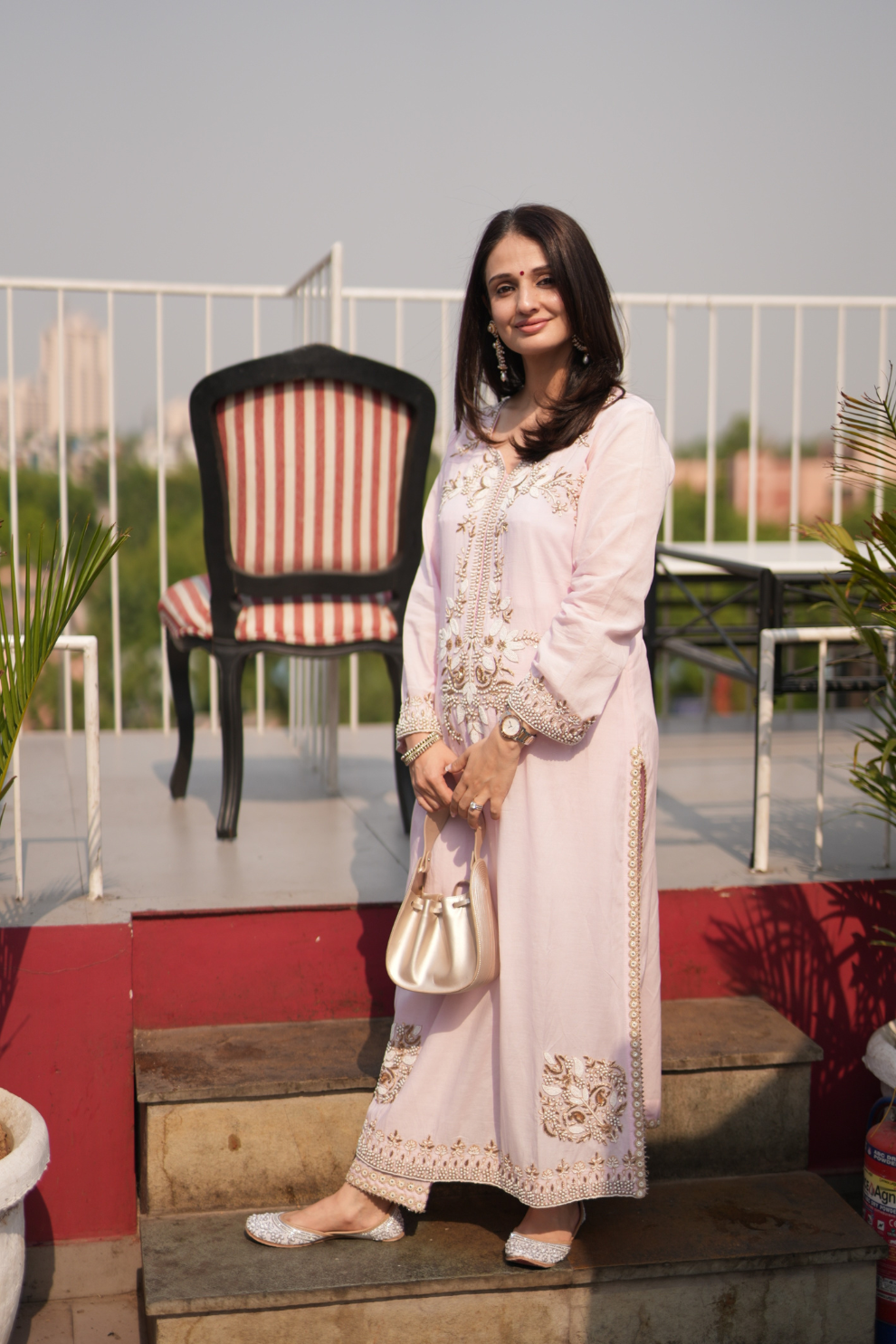 Blush straight kurta with embroidered neckline