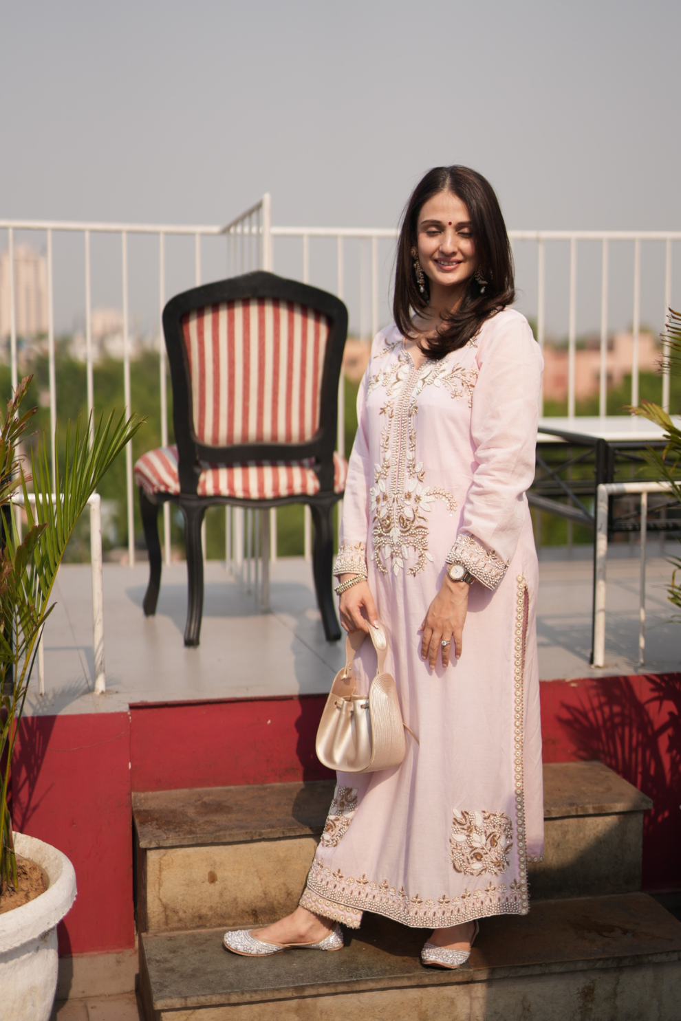 Blush straight kurta with embroidered neckline