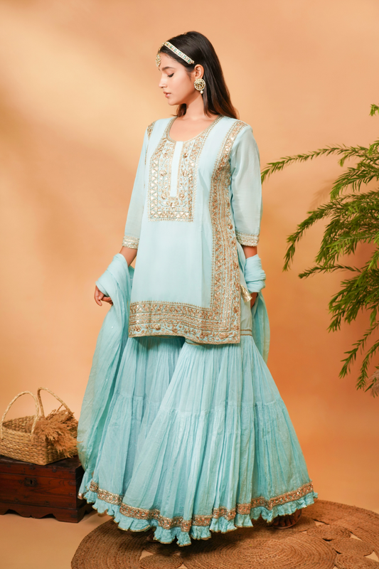 Blue short kurta with gota paired with garara and dupatta