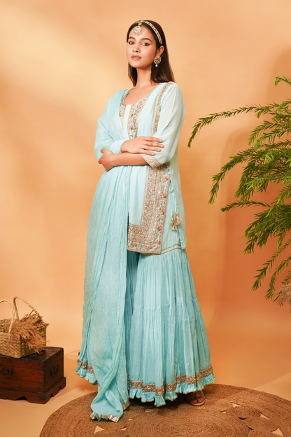 Blue short kurta with gota paired with garara and dupatta