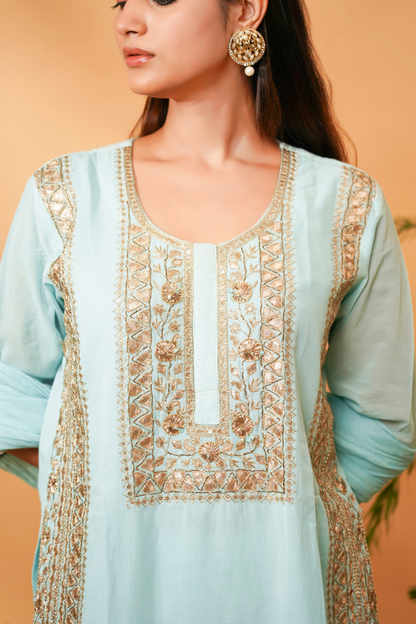 Blue short kurta with gota paired with garara and dupatta